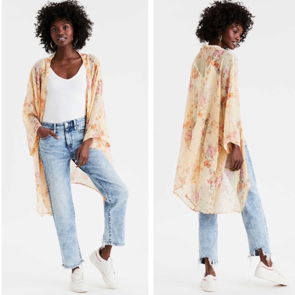 NWOT AMERICAN EAGLE OUTFITTERS FLORAL CHIFFON OPEN FRONT BOHEMIAN KIMONO